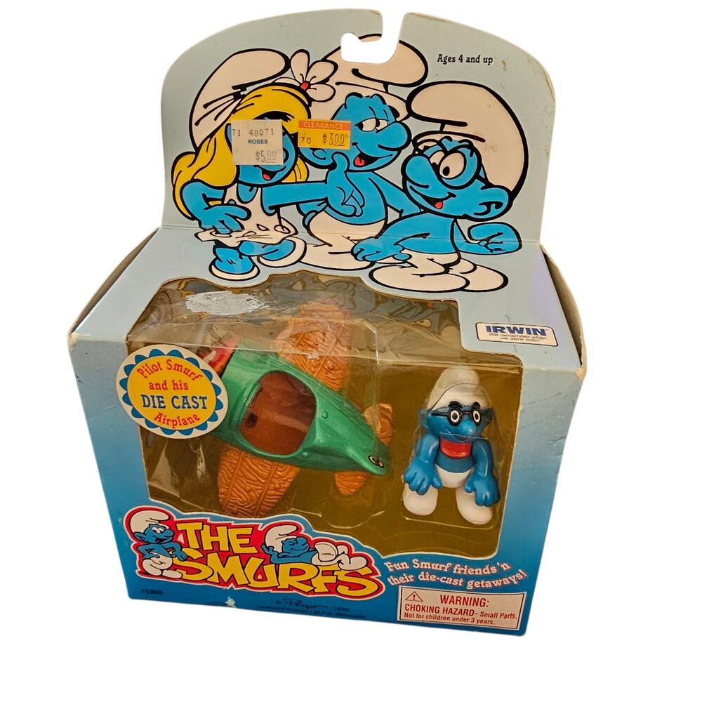 Vintage 1996 The Smurfs Pilot Smurf & Die Cast Airplane Play Set - New Old Stock
